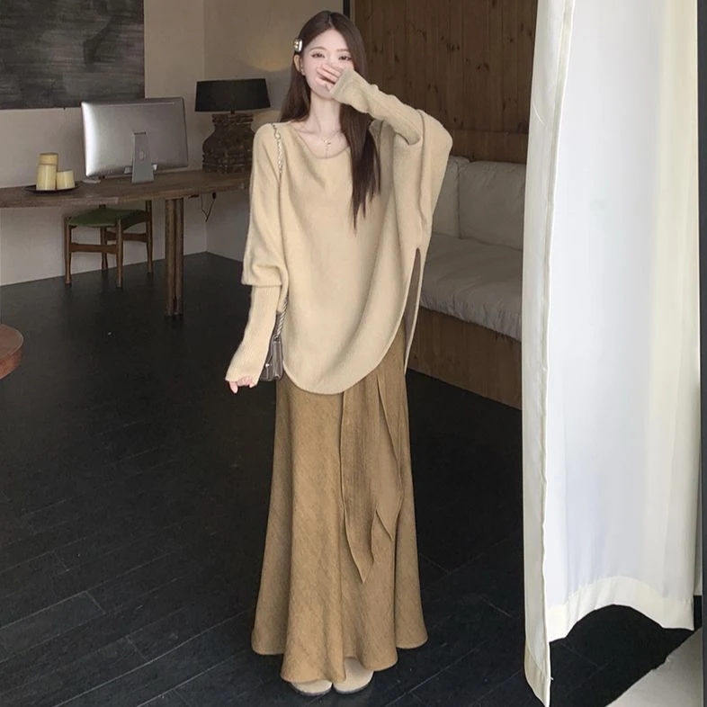 大码秋季新款慵懒宽松显瘦蝙蝠袖毛衣+鱼尾裙套装4020