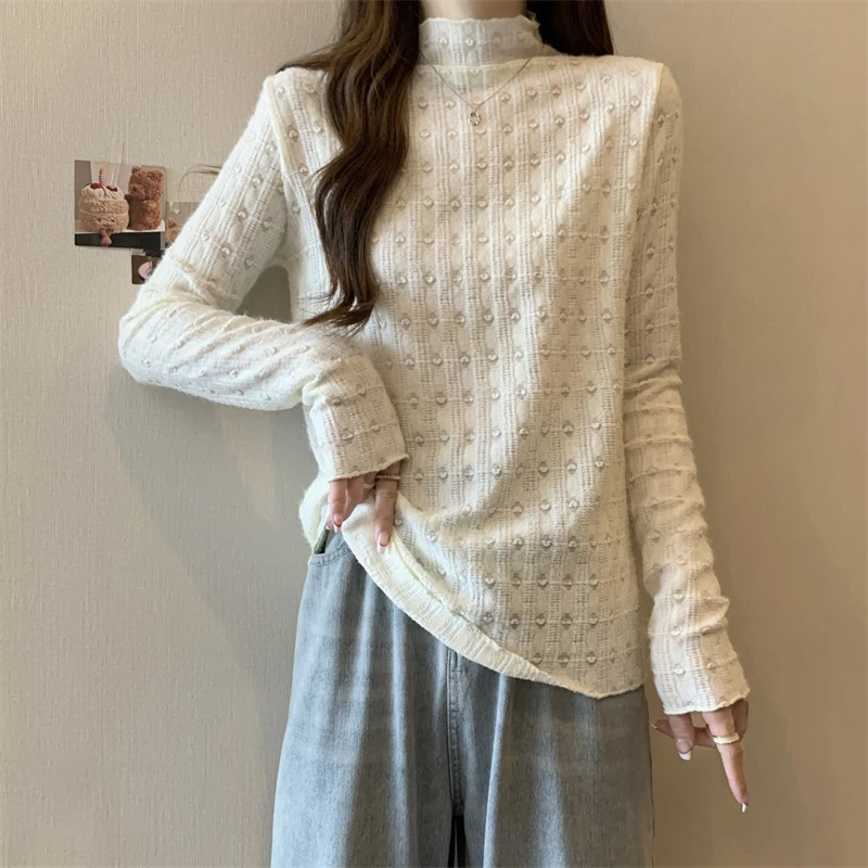 C-3319大码春季半高领百搭气质优雅显瘦长袖针织打底衫