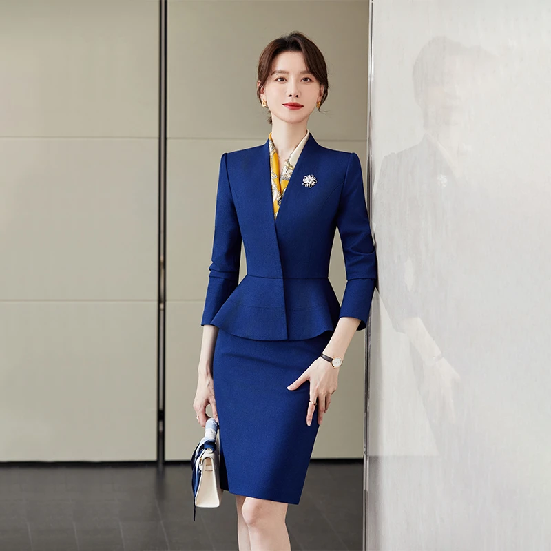 售楼部职业女裙套装宝蓝色面试外套时尚气质正式场合商务正装工作