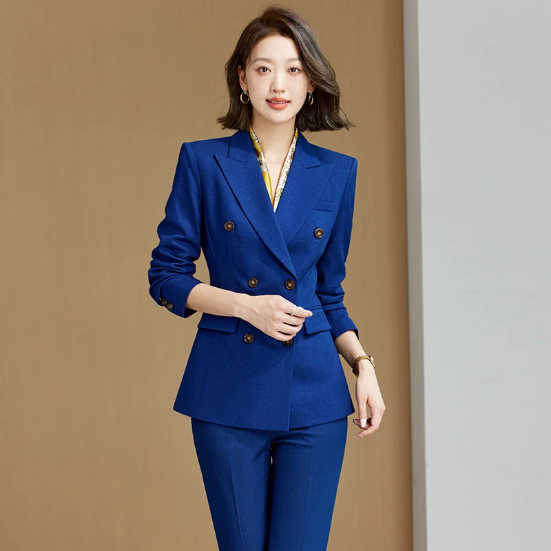 (S009)高级宝蓝色职业套装西服女OL气质修身职场通勤主持人工作服