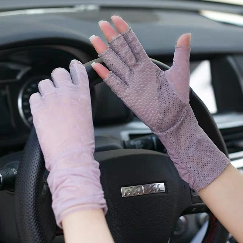 遮厦防晒手套女士半指夏天薄款防滑透气高弹中长露指蕾丝冰爽韩版