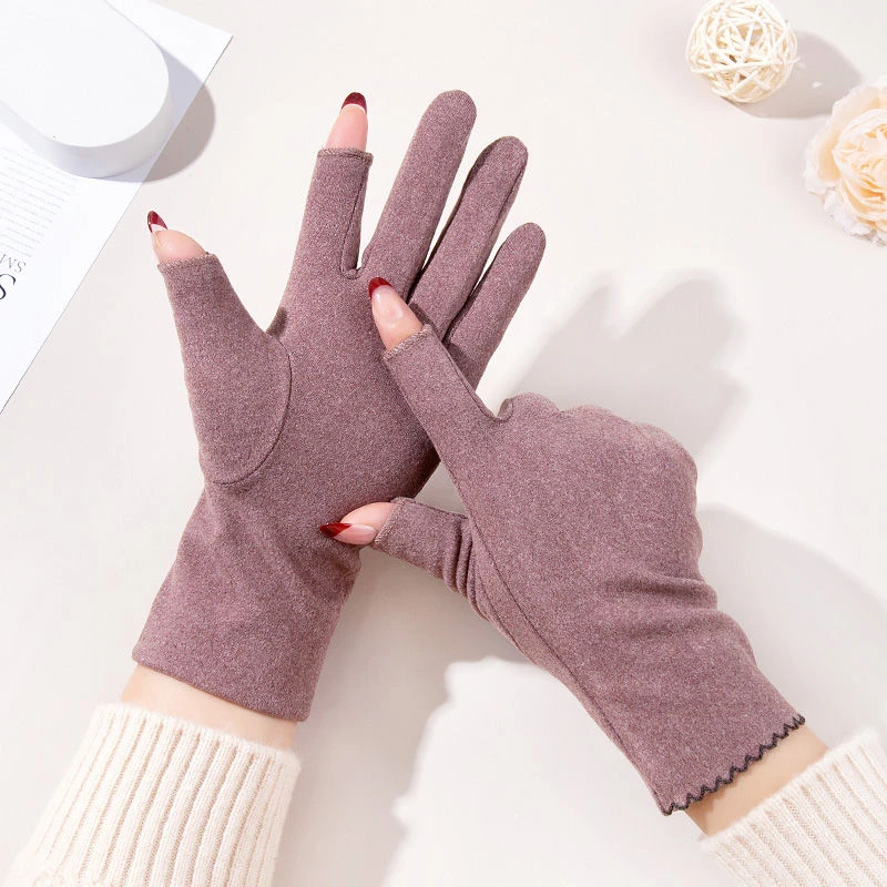 秋冬季女士德绒手套女露二指防寒自发热弹力双面绒半指秋薄款学生