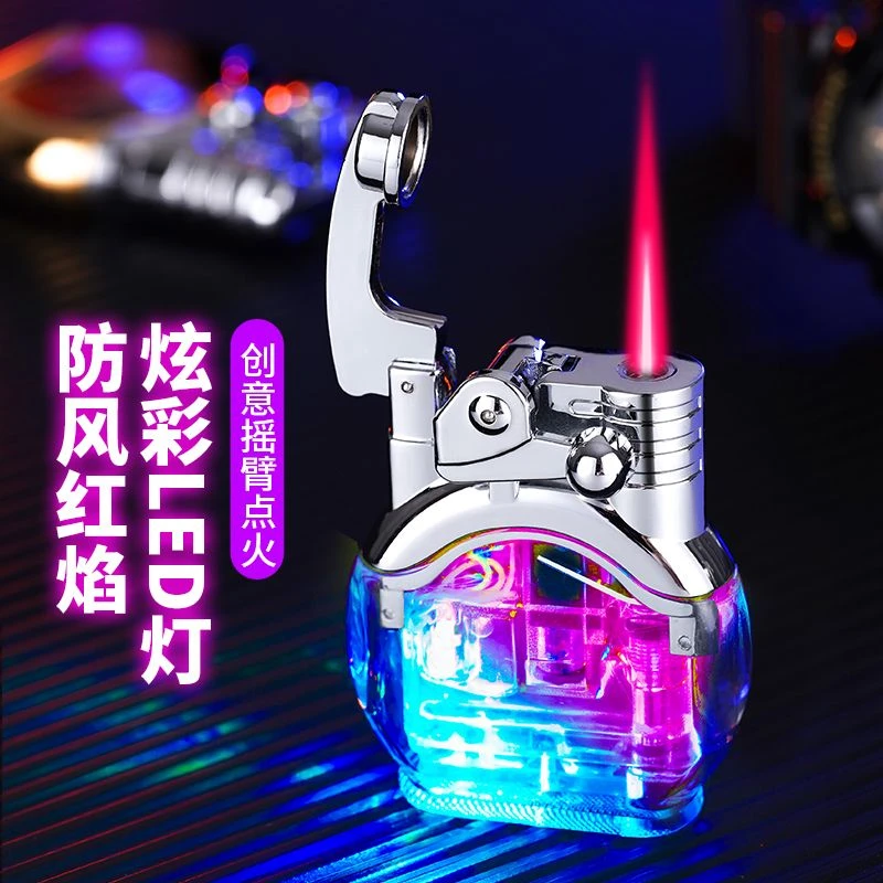 网红高颜值摇臂防风打火机充气个性创意透明彩灯直冲火机高档耐用