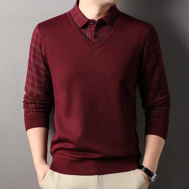 新款男式冬季翻领长袖加绒加厚假两件T恤男时尚休闲男装翻领简约