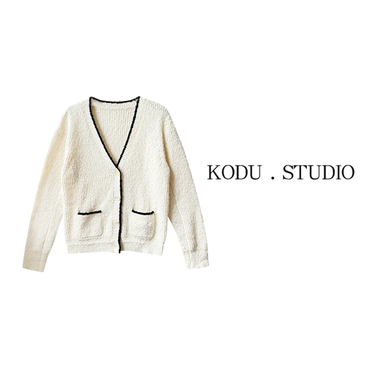 I【刻度KODU】02-4592秋季盐系感V领撞色圈圈纹理小香风开衫毛衣