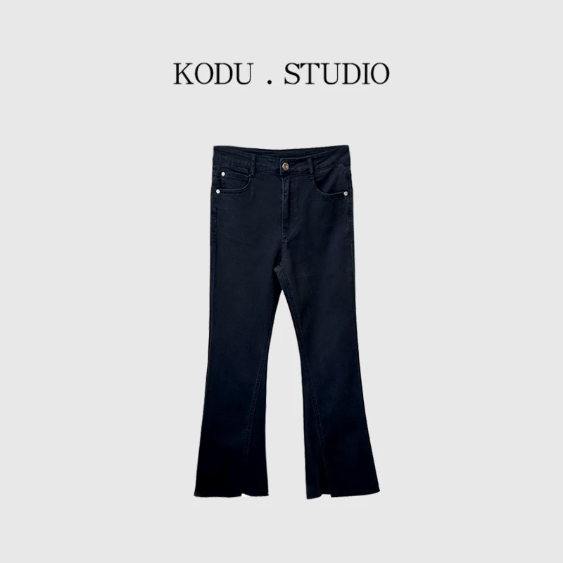 【刻度KODU】LY-4640秋季气质百搭脚口毛边黑色显瘦高腰微喇牛仔裤