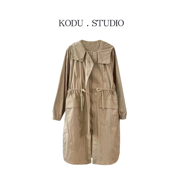 【刻度KODU】XH-3606早秋连帽收腰系带纯色开叉百搭休闲风衣外套