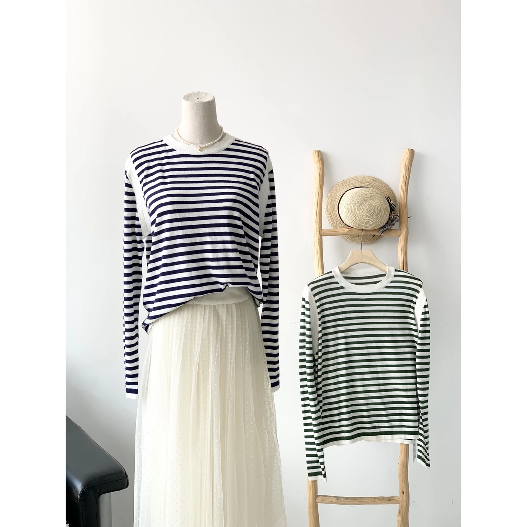 【双11大促刻度KODU】01-BL2395圆领拼接条纹宽松百搭针织打底衫