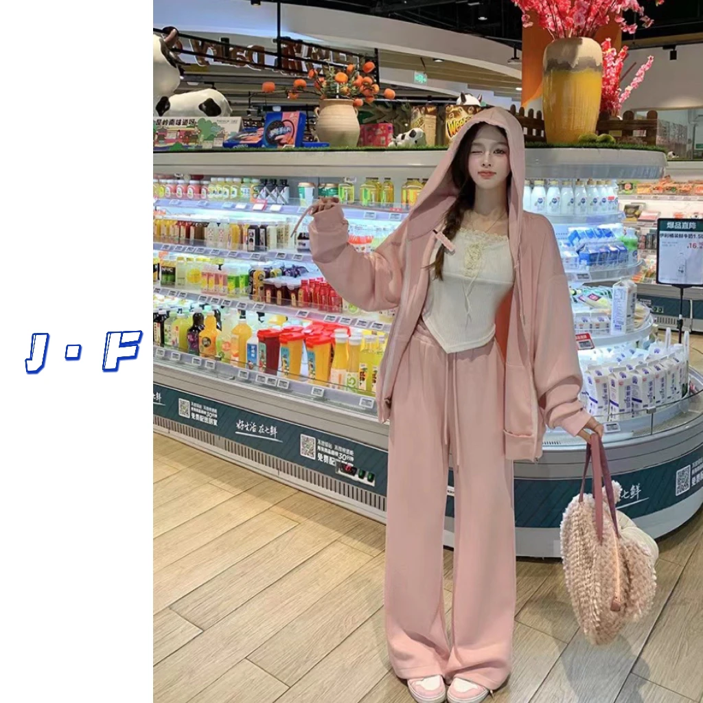 JF定制大码2321早春新款盐系休闲运动阔腿拖地裤套装两件套