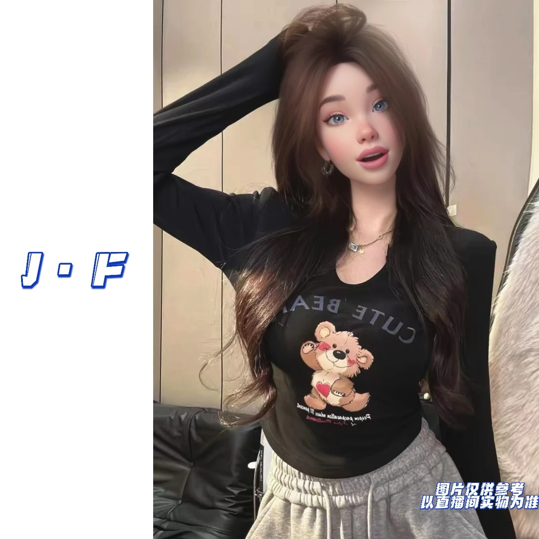 JF定制大码1482卡通小熊修身显瘦长袖磨毛打底上衣