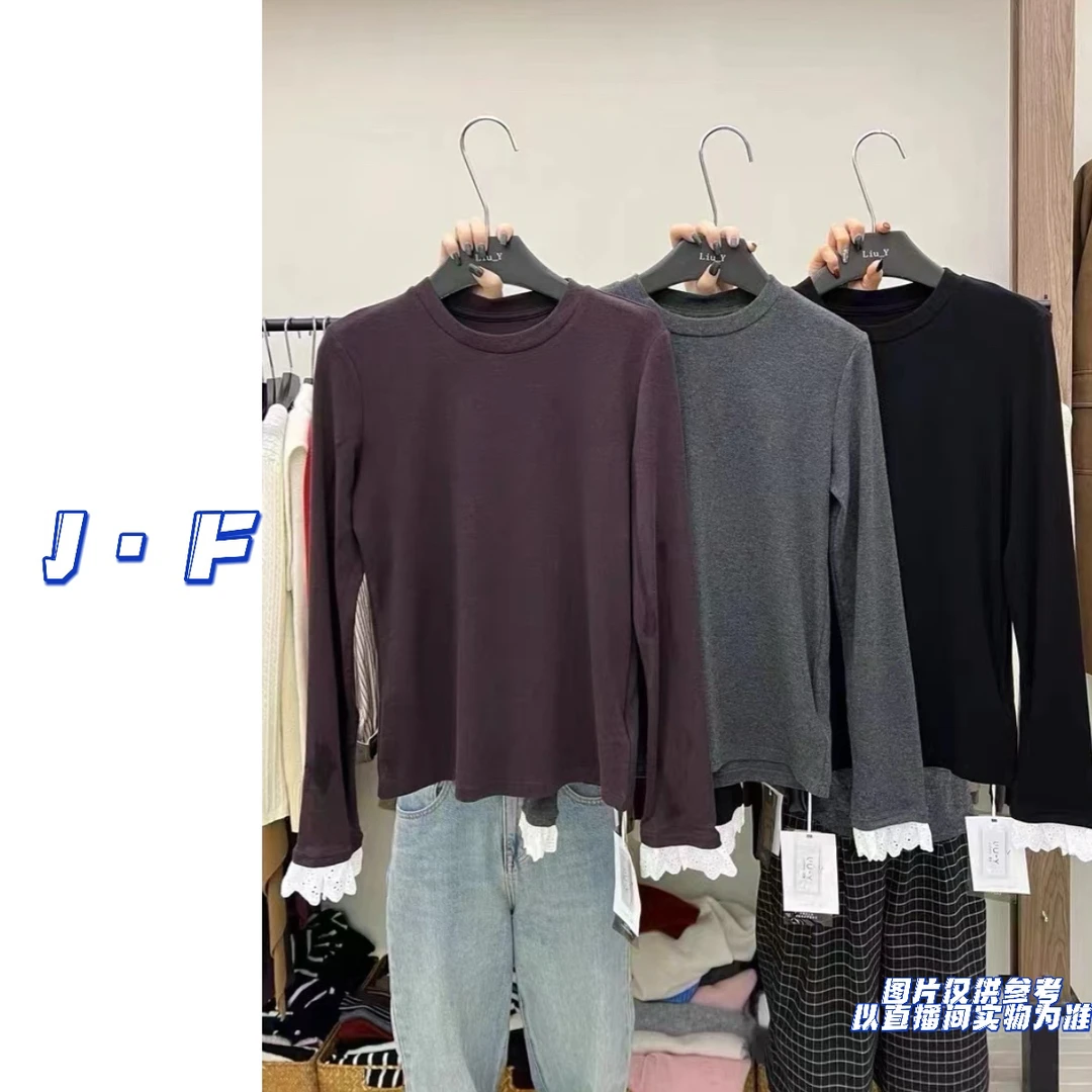 JF定制大码1279韩版圆领百搭蕾丝拼接袖口长袖打底