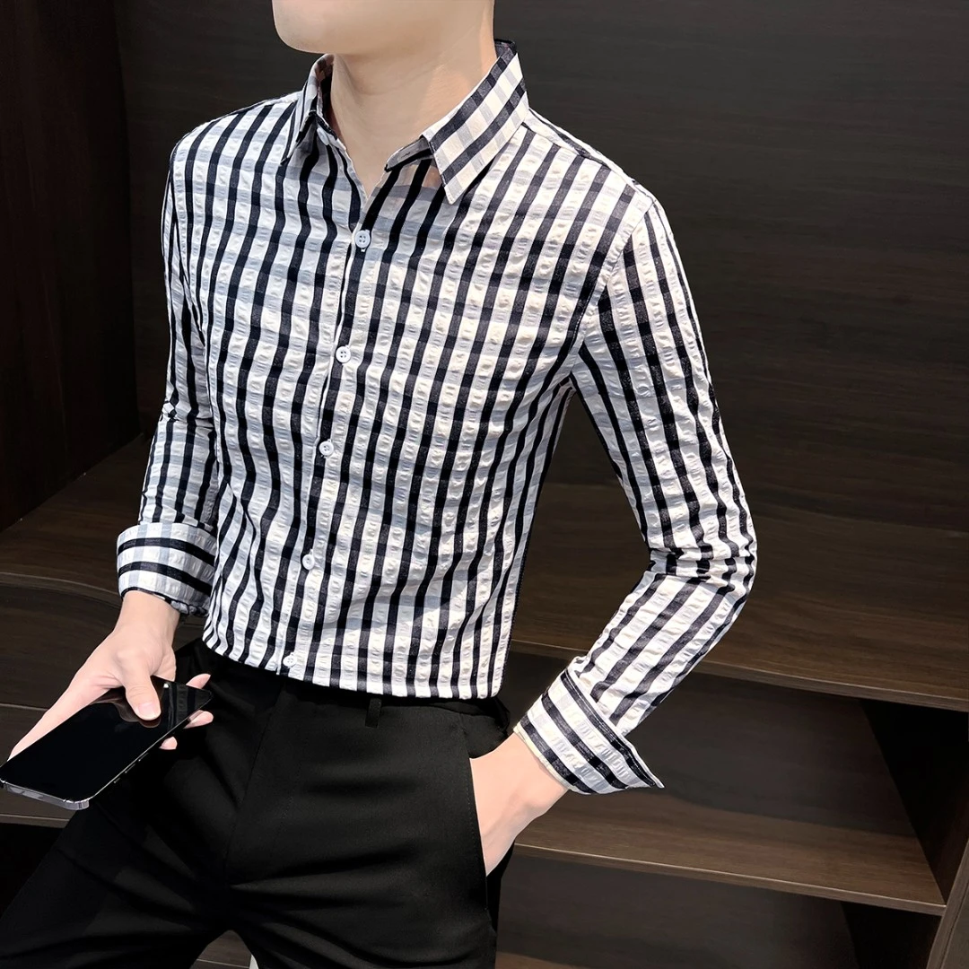 泡泡纱衬衫男款爆款2024新款春秋痞帅高级感男装条纹男士衬衣长袖