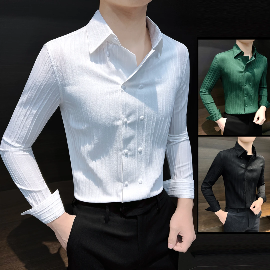 竖条纹男士衬衫爆款2024新款春款英伦风内搭高级感双排扣男款衬衣