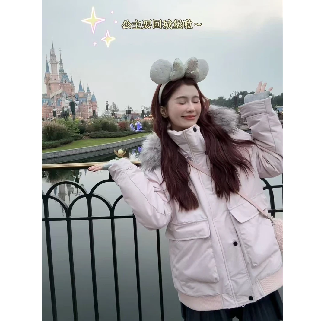 YPP！粉色派克服 新国标90白鸭绒设计感带毛领保暖派克羽绒服