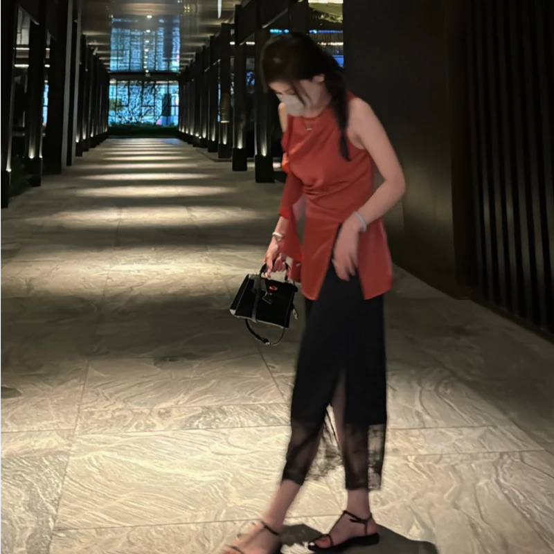 YPP！【知性氛围】优雅随性显瘦气质浪漫缎面拼接蕾丝半身裙