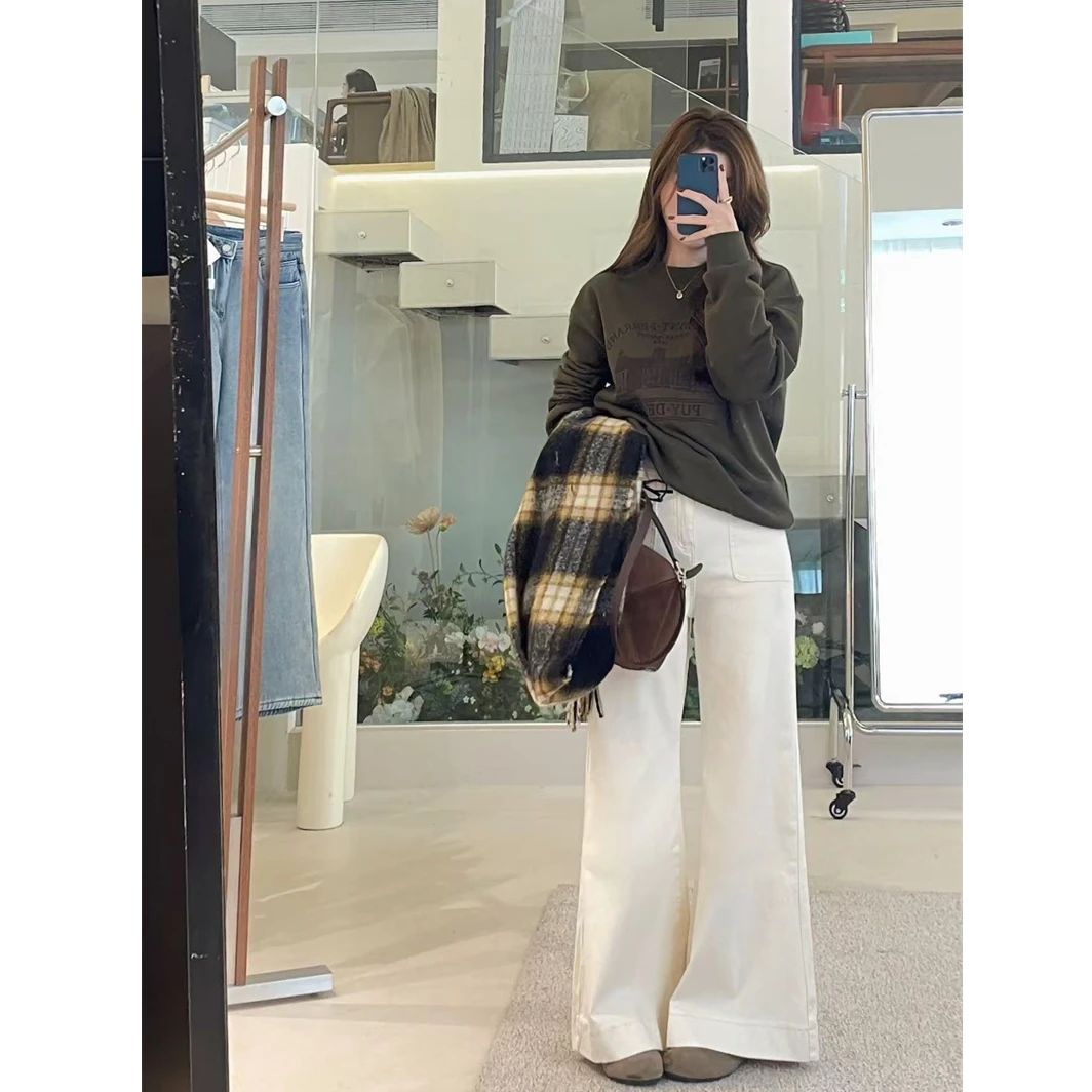 YPP！【白色牛牛】新款口袋设计瘦版高腰休闲显瘦直筒牛仔裤