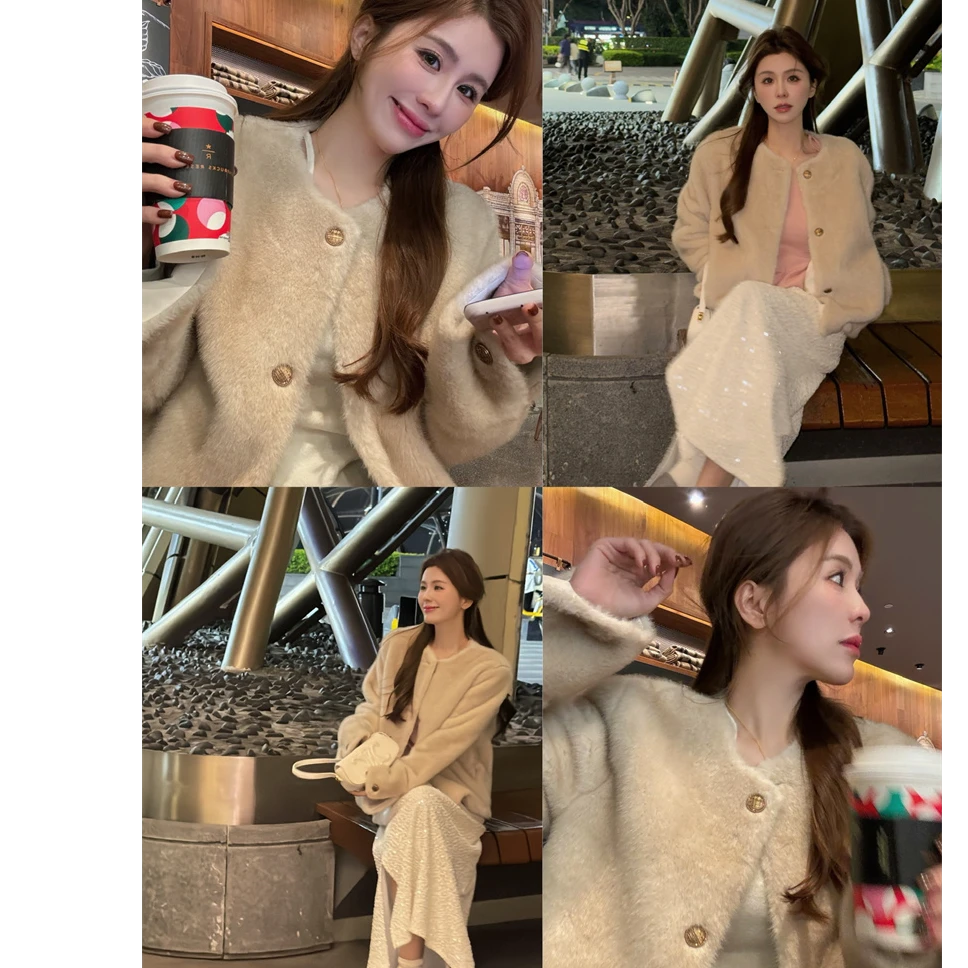 YPP！【千金毛毛】精致贵气 中古千金感气质金扣环保毛毛外套