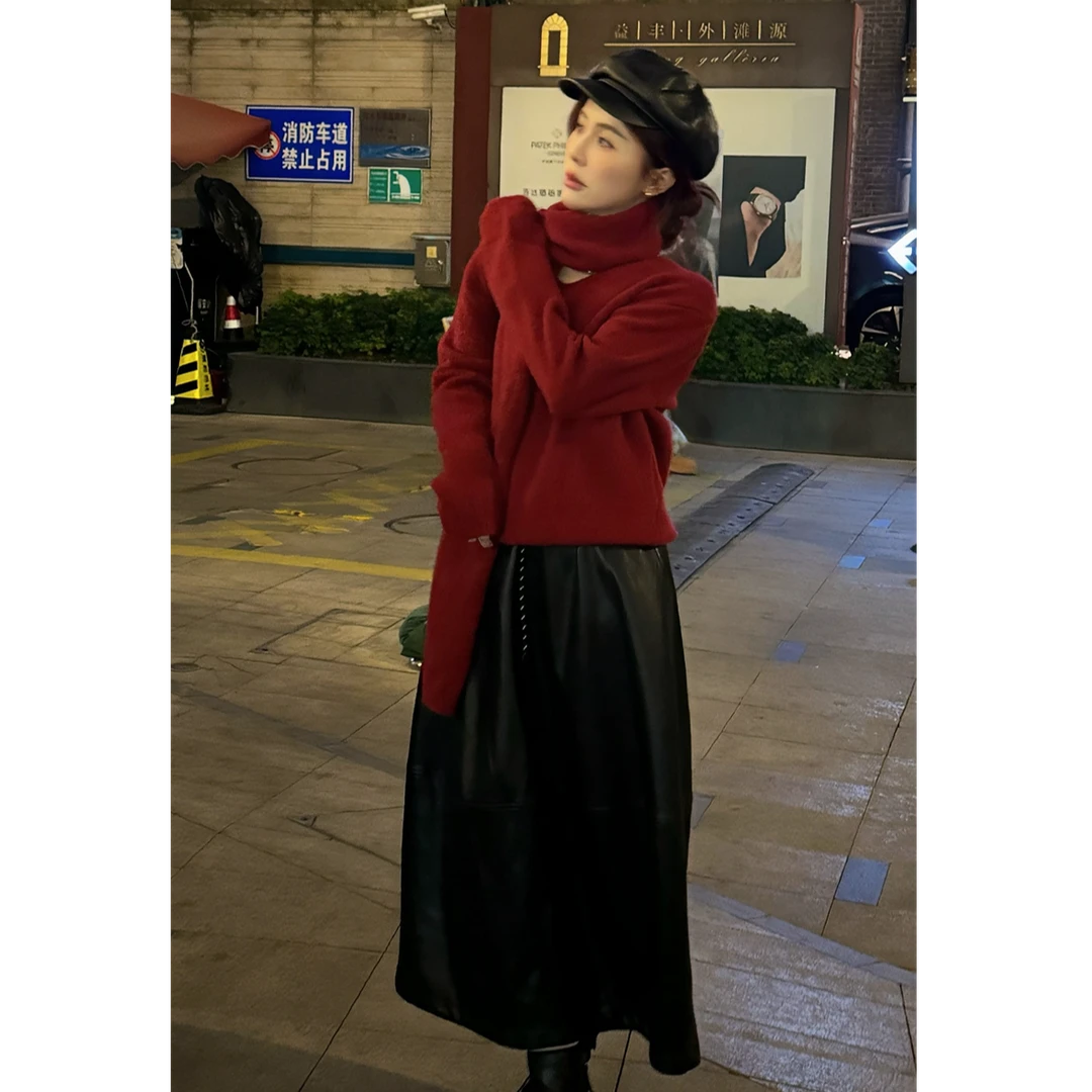 YPP！【钟爱皮裙】新款复古pu皮立体分割休闲抽绳长款皮裙半身裙