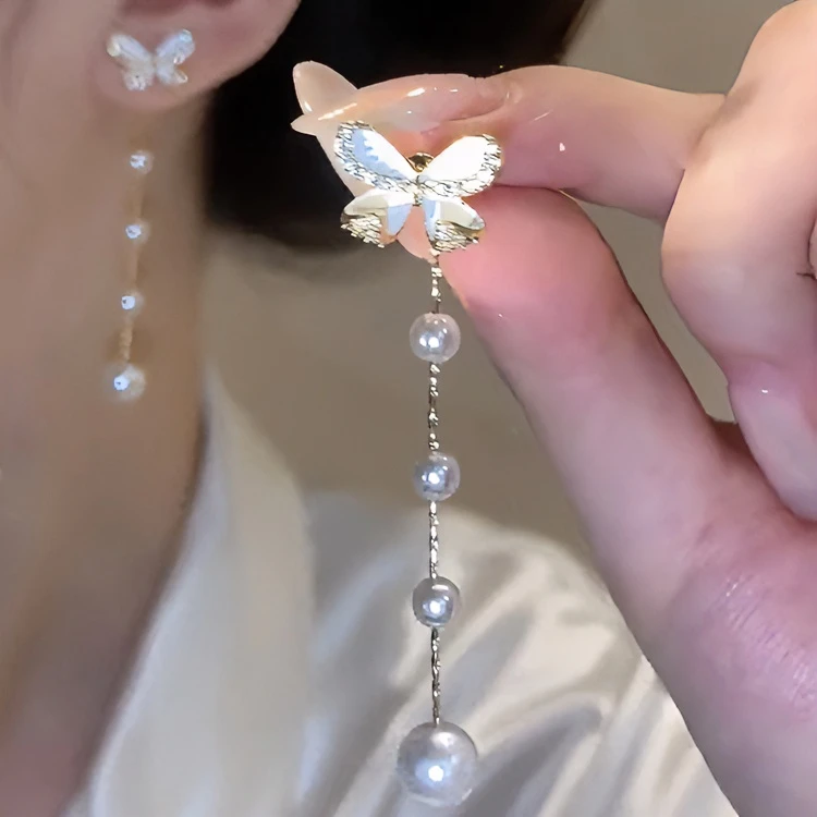 合金耳饰 轻奢耳钉推荐流苏长款气质蝴蝶耳环女高档法式精美饰品