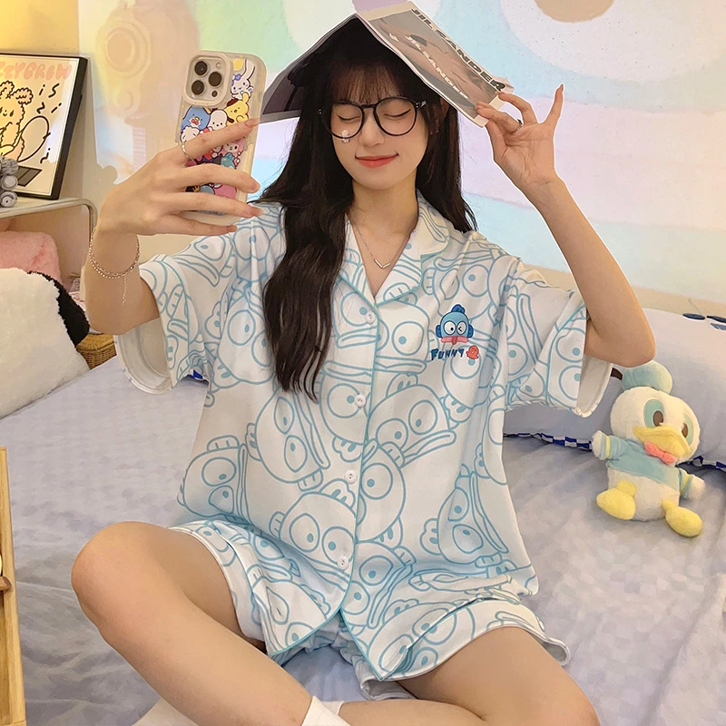 时尚睡衣女网红可爱卡通搞怪丑萌鱼少女短袖短裤家居服套装INS