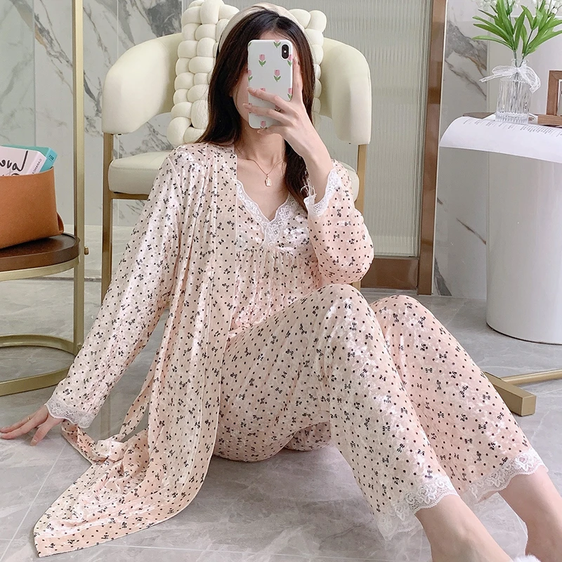 春秋轻奢金钻绒家居服套装高级感蕾丝吊带睡袍三件套长袖睡衣薄款
