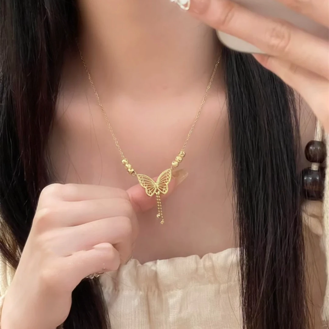 铜合金项链 金色蝴蝶流苏转运珠项链女短款设计
