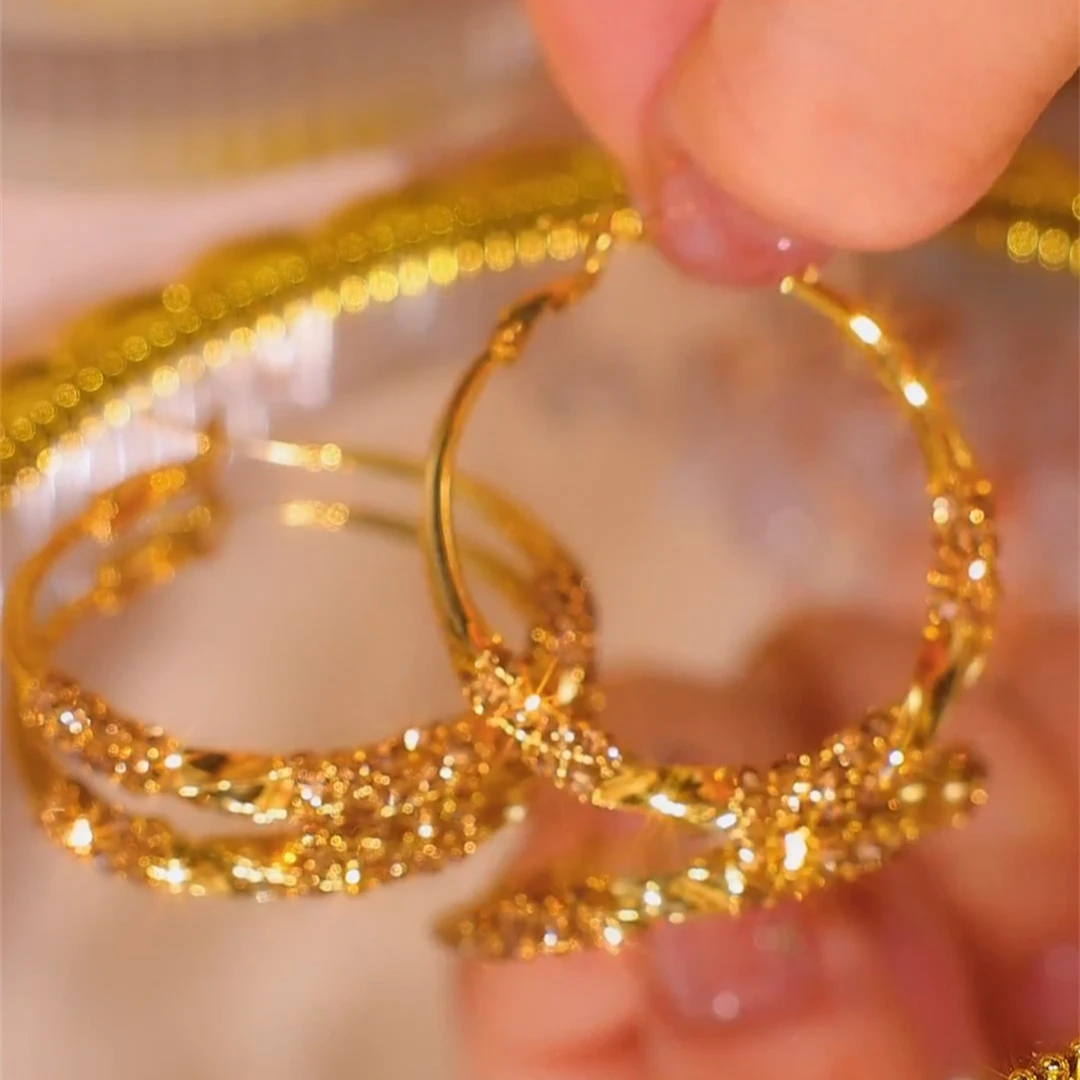 铜合金合成锆石耳饰 美拉德色镶钻大耳圈金色耳环女设计感