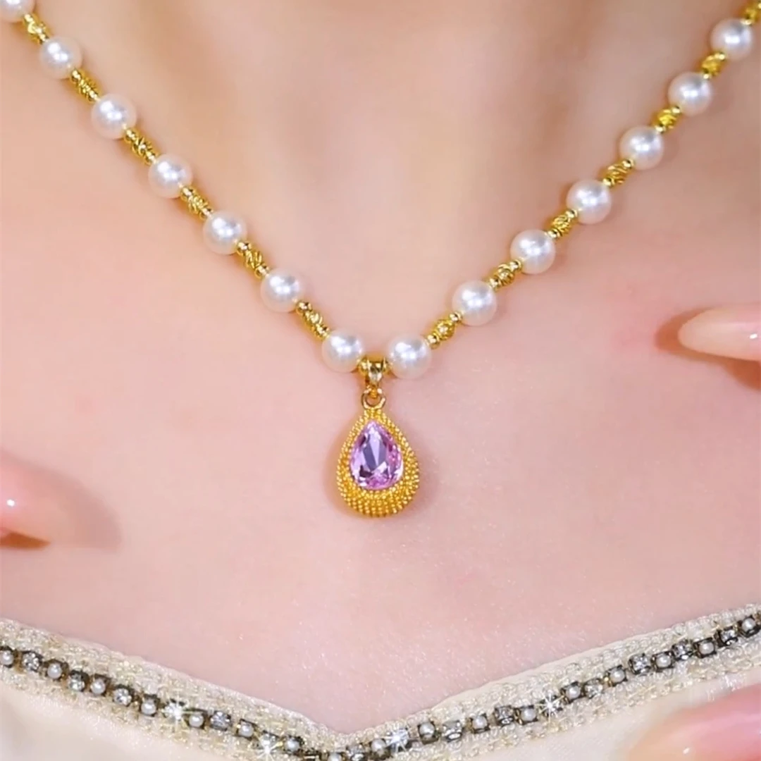 铜合金合成锆石吊坠 高级感紫色水滴珍珠锁骨链项链女