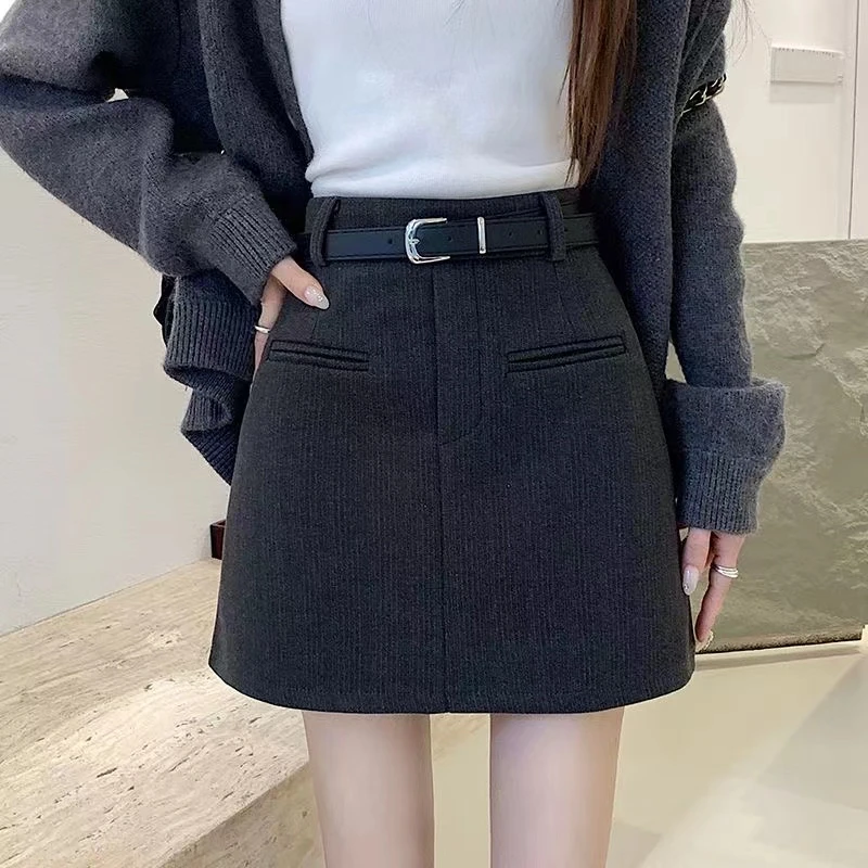 上档次灰色毛呢半身裙A2025秋冬新款高腰包臀裙子高端小个子a字裙