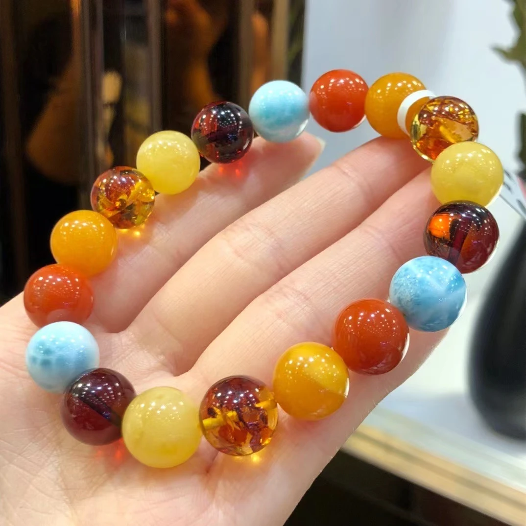 天然高端多宝手链手串女款正品简约蜜蜡海纹石珠宝弹力蜜蜡手串