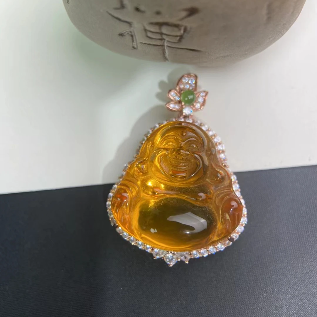 天然收藏级缅甸琥珀 佛公吊坠金珀蓝珀弥勒佛笑佛挂件平安女项链