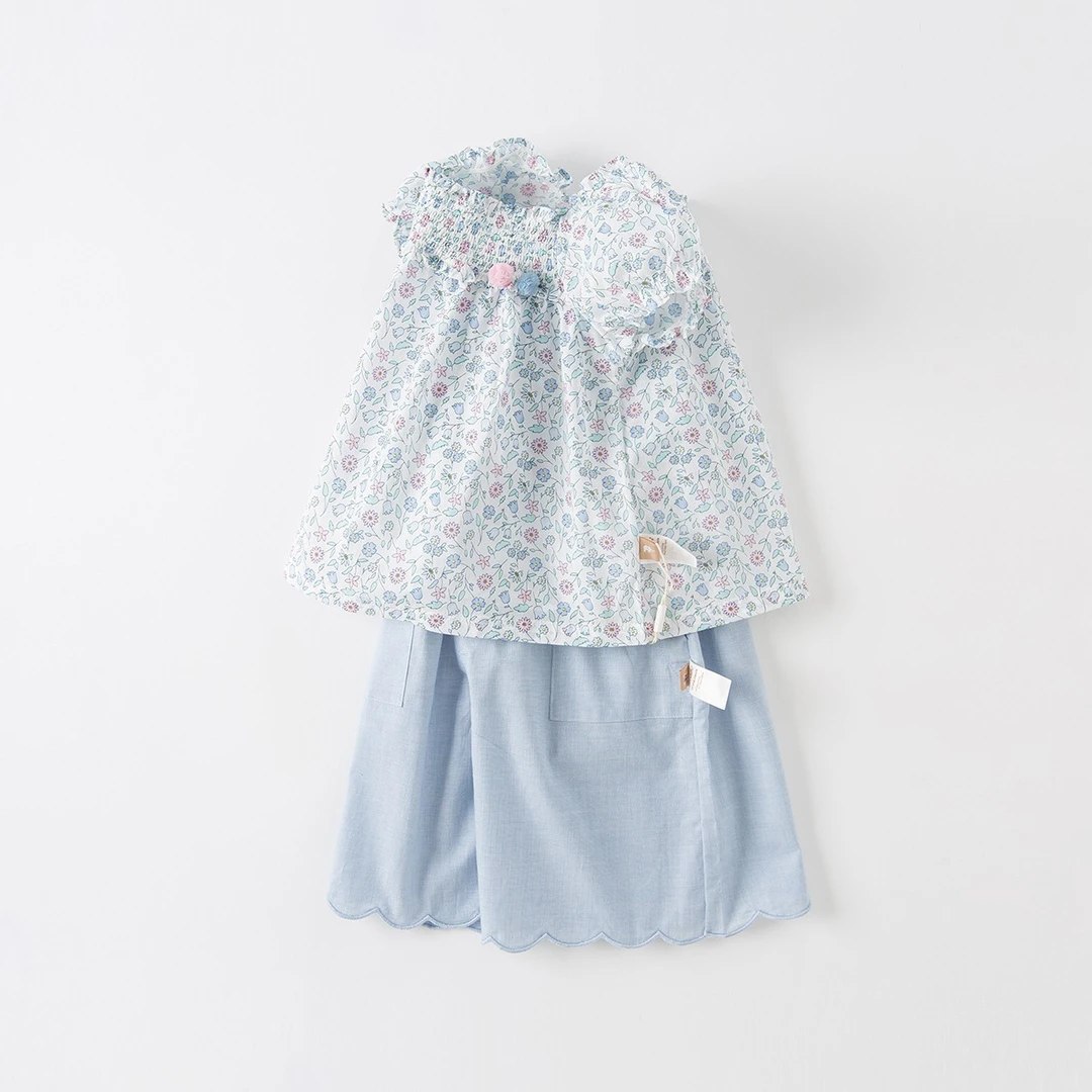 戴维贝拉套装2024新款夏装女童灯笼袖七分裤上衣两件套DB2235443