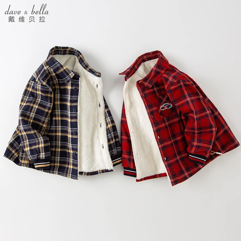 戴维贝拉2024冬季儿童加厚衬衫宝宝新款加绒格子衬衣DB4223547