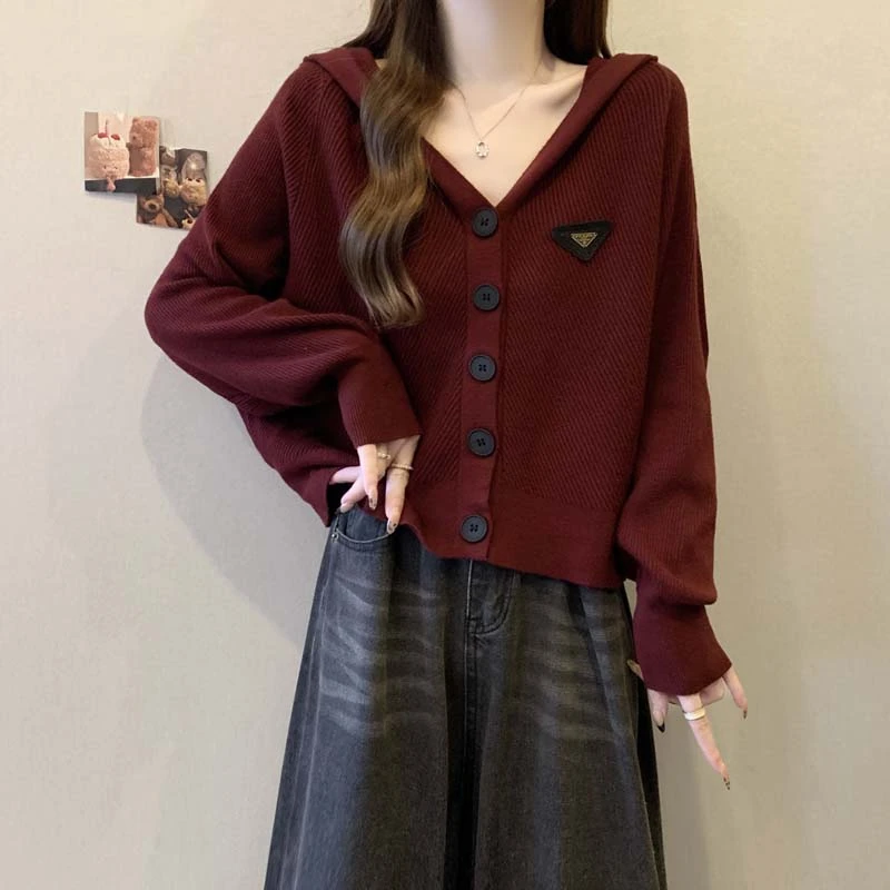 松弛感连帽安可拉红毛衣针织开衫女冬季微胖大码宽松百搭遮肚上衣