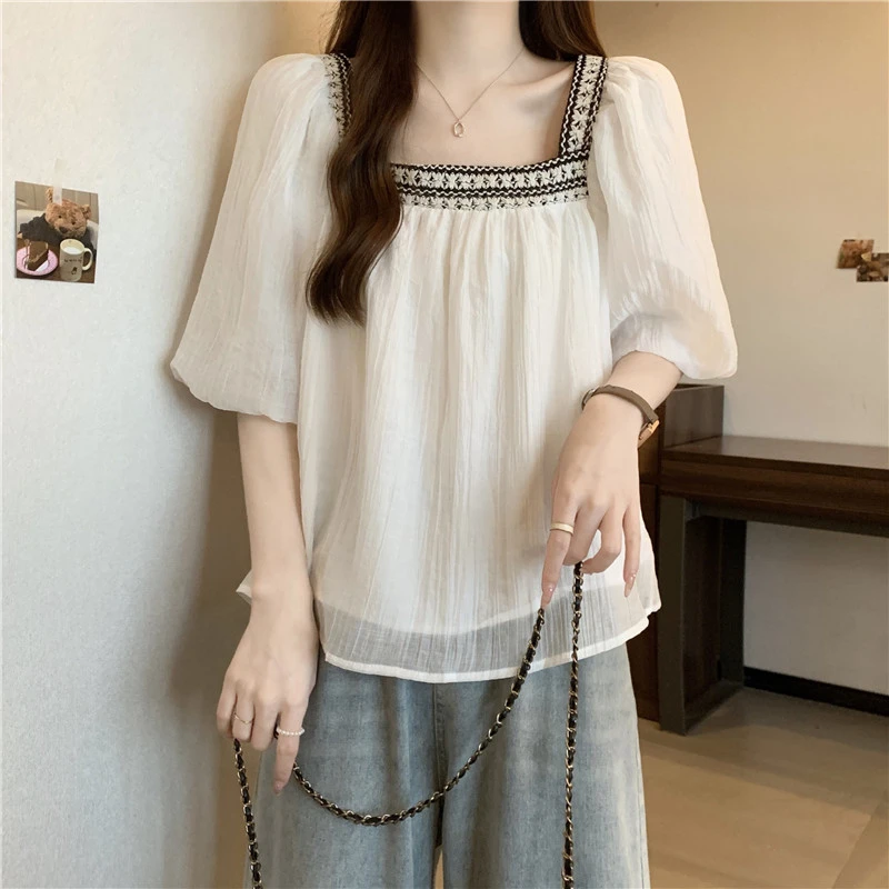 大码女装中国风温柔娃娃衫方领短袖上衣胖mm遮肚子显瘦雪纺衫夏季