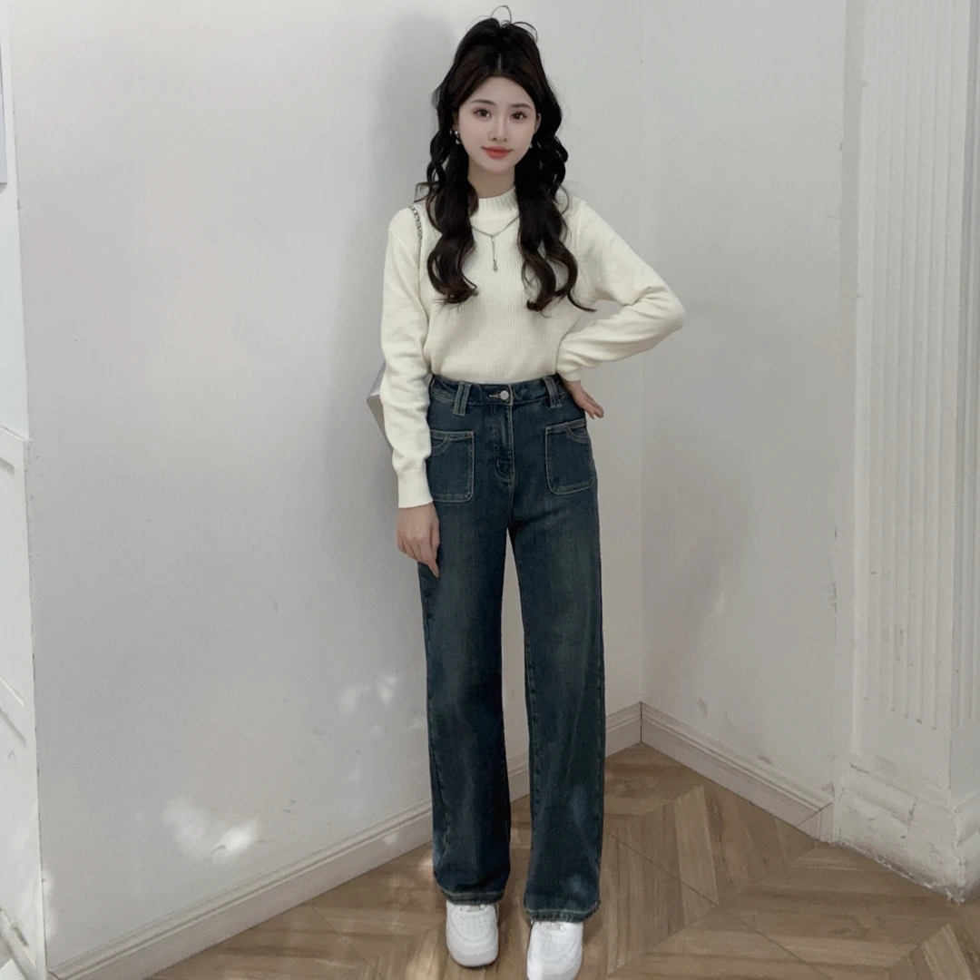 IEF/爱依服【小个子】2025秋冬新款韩系通勤百搭加绒牛仔阔腿裤