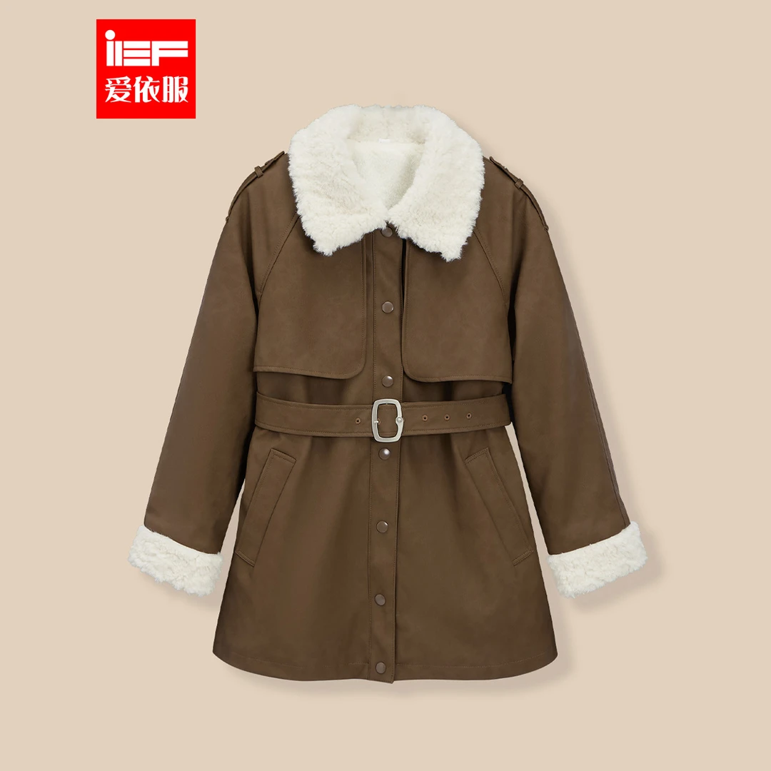 IEF/爱依服冬季新款韩版派克加绒【小个子】亮面皮中长款外套