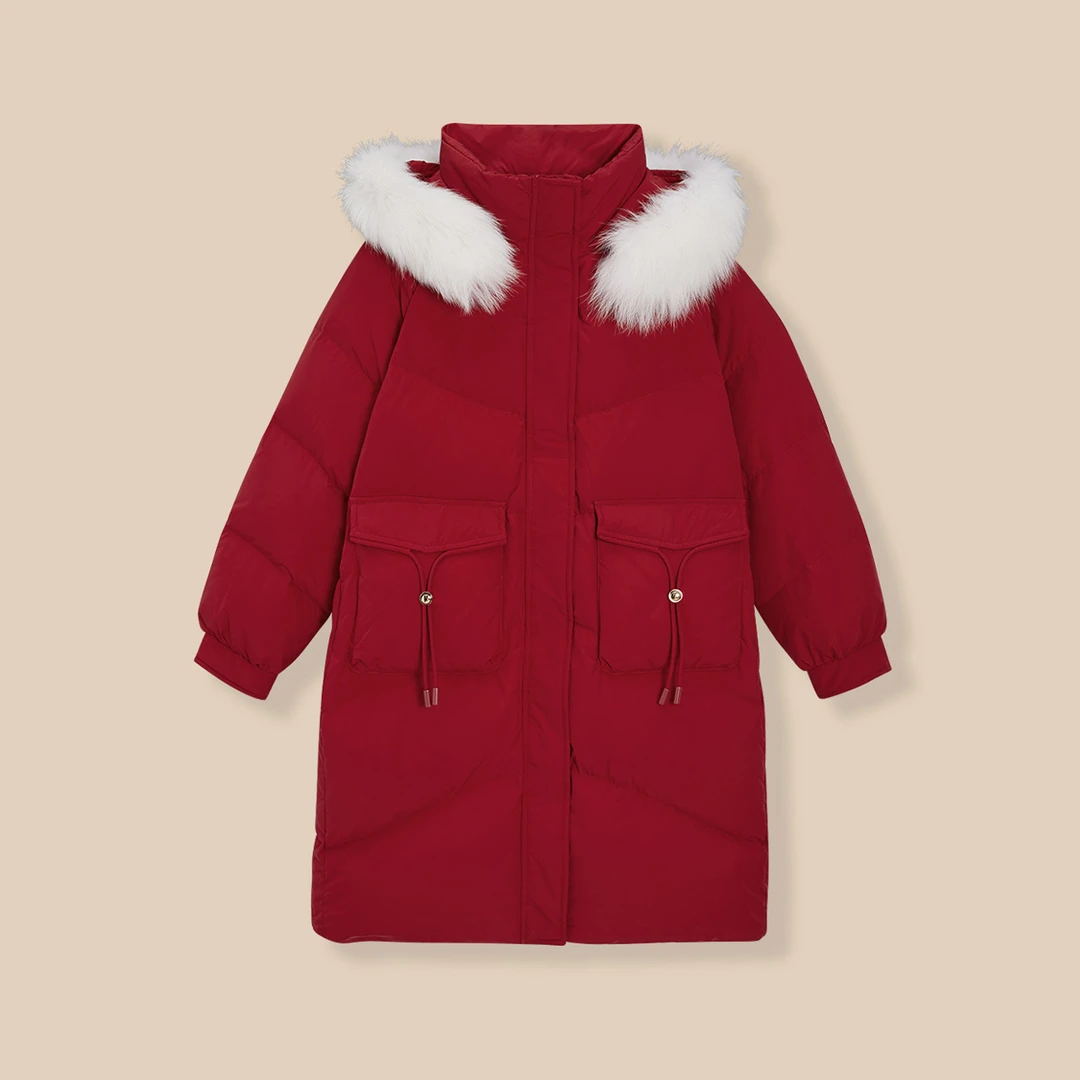 IEF/爱依服2025新款冬季中长款宽松设计感毛领连帽羽绒服外套女