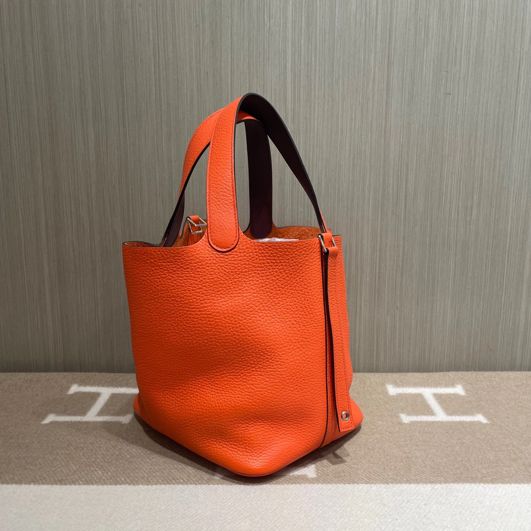 95新 Hermes/爱马仕 水桶22 火焰橙 手柄内拼波尔多红  银扣 A刻