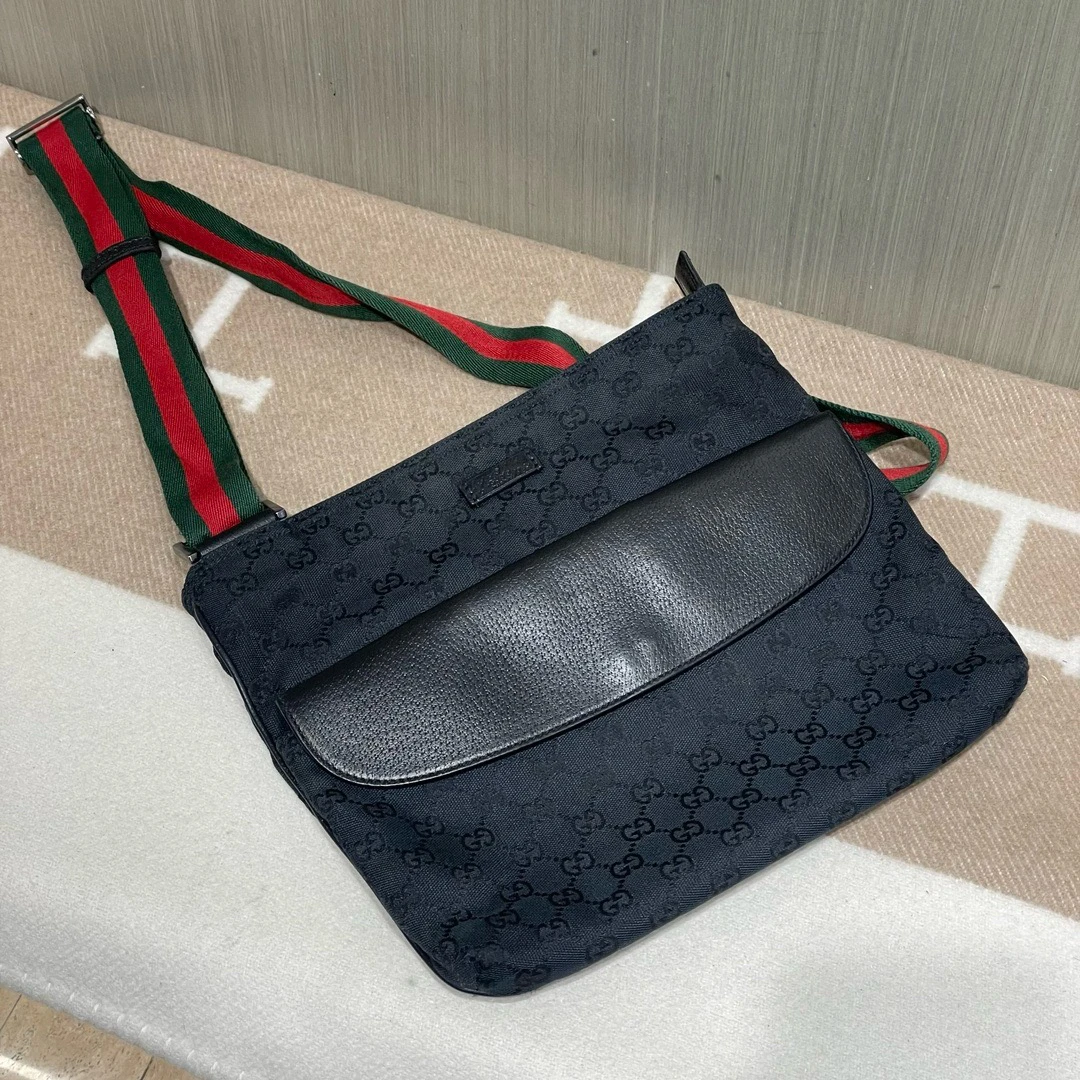 95新 GUCCI/古驰 古驰黑色老花拼皮单肩斜挎包