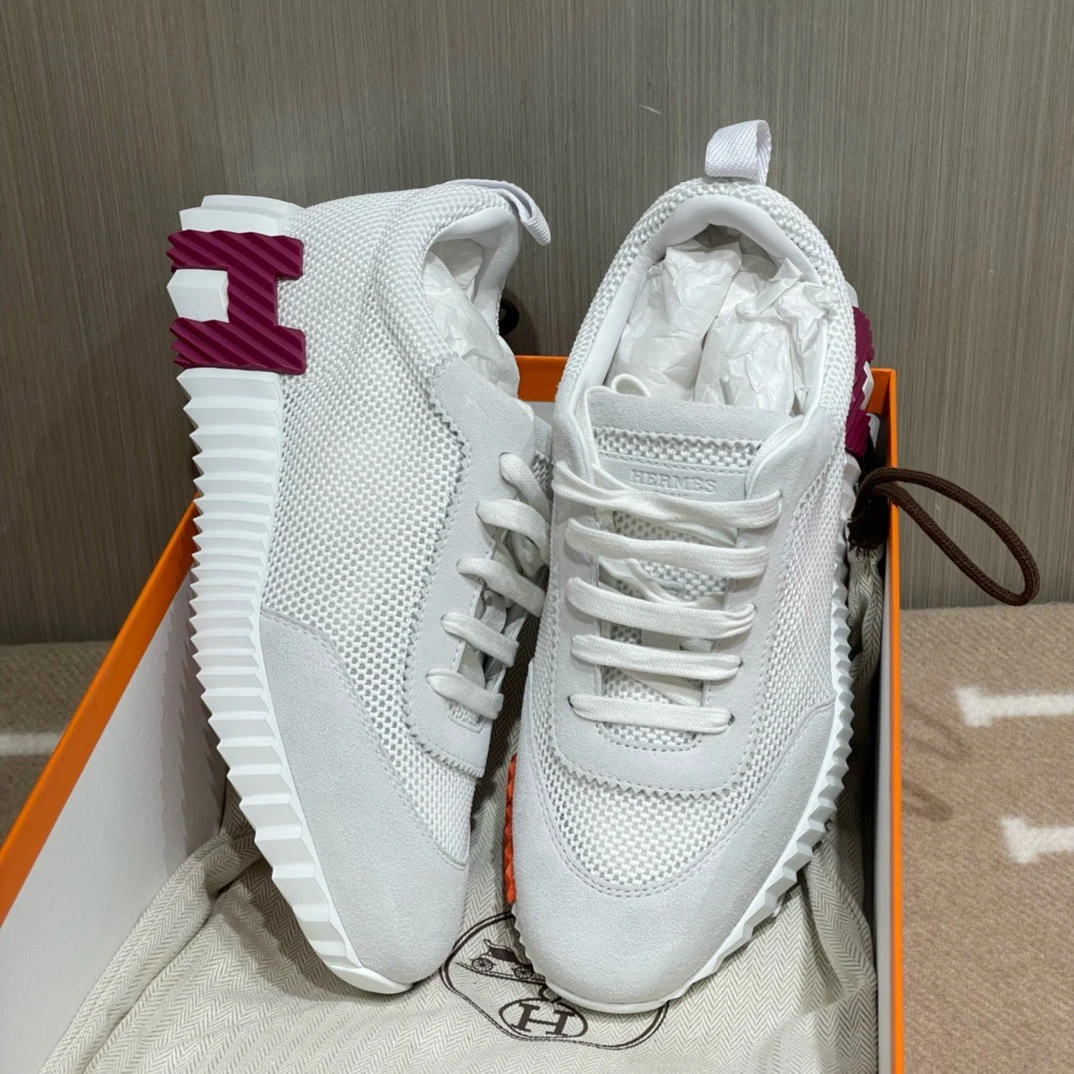 全新未使用 Hermes/爱马仕 玫红橘H网面运动鞋