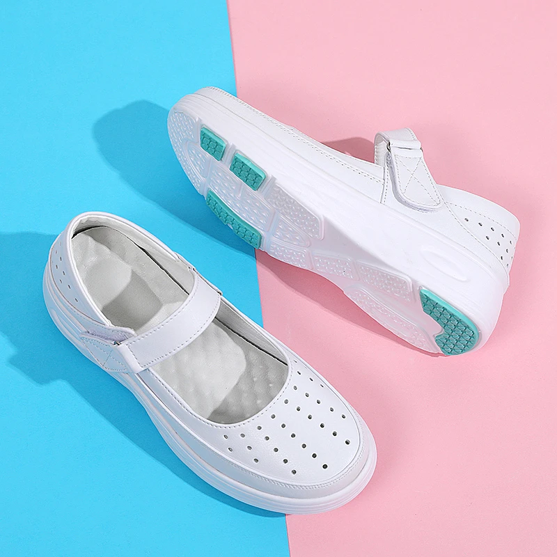 秋夏季护士鞋女软底透气轻便舒适不累脚防臭魔术贴小白鞋厚底百搭