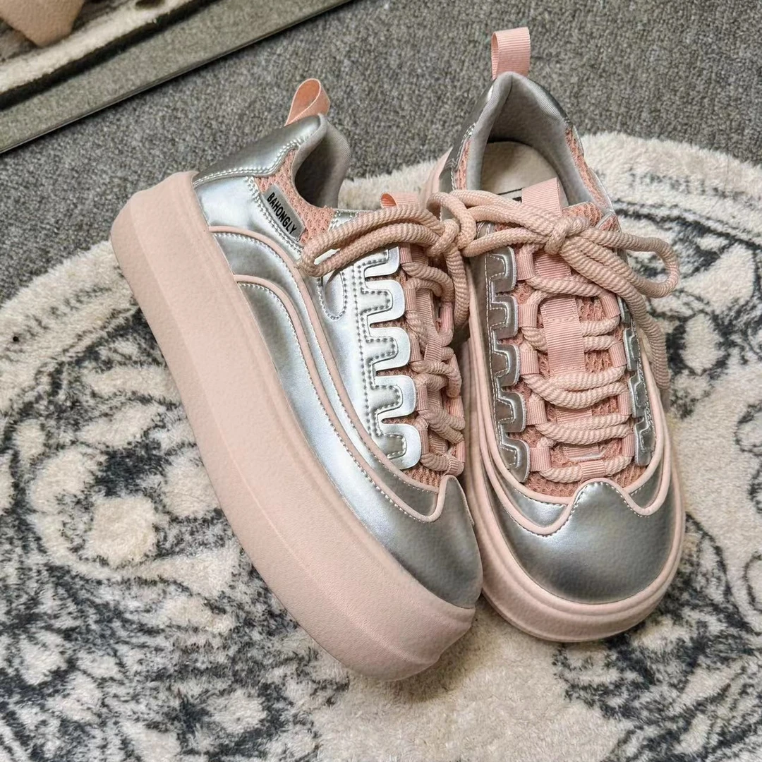 欧洲站爆款粉色面包鞋圆头百搭设计感春季新款小众百搭松糕鞋系带