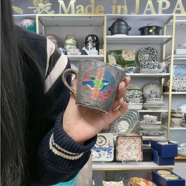 【单支】日本进口九谷烧金樱花鸟马克杯