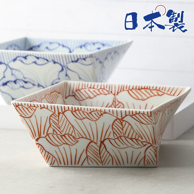 【单支】日本进口有田烧手绘线描牡丹转角四方钵15.3cm