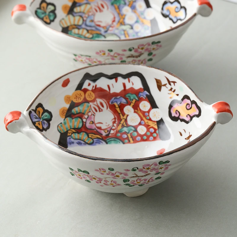 【单支】日本进口濑户烧夕立窑富士日记带耳椭圆盛钵-红色