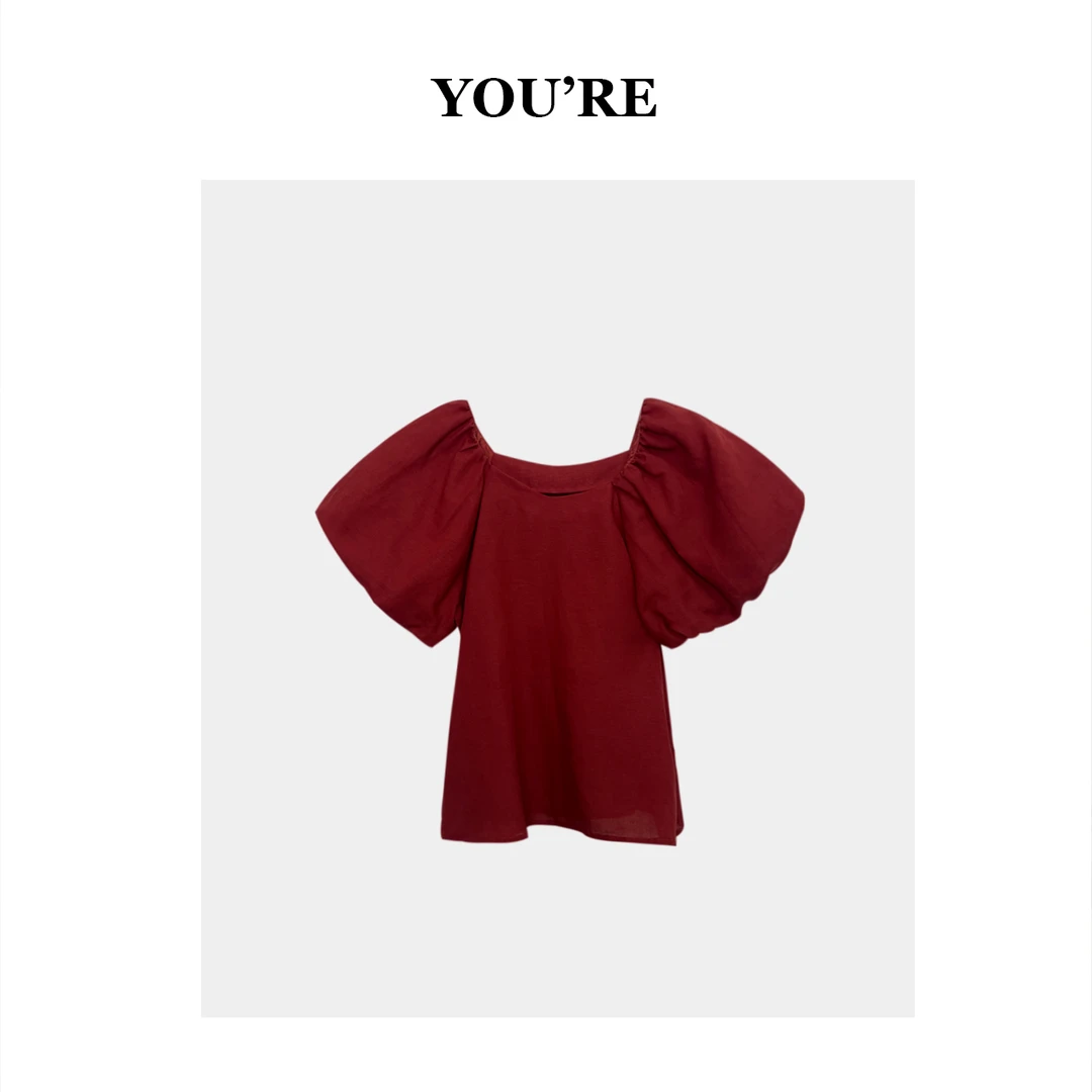 《YOU'RE 》复古红显白泡泡袖亚麻衬衫上衣YR8888371