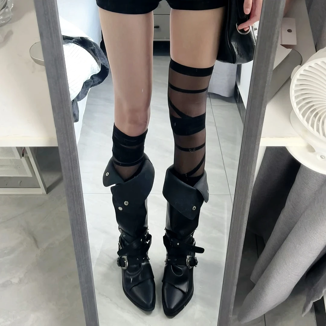 【穗穗工作室】*†*｡尖头辣妹粗跟黑色朋克风小众个性美式废土骑士靴