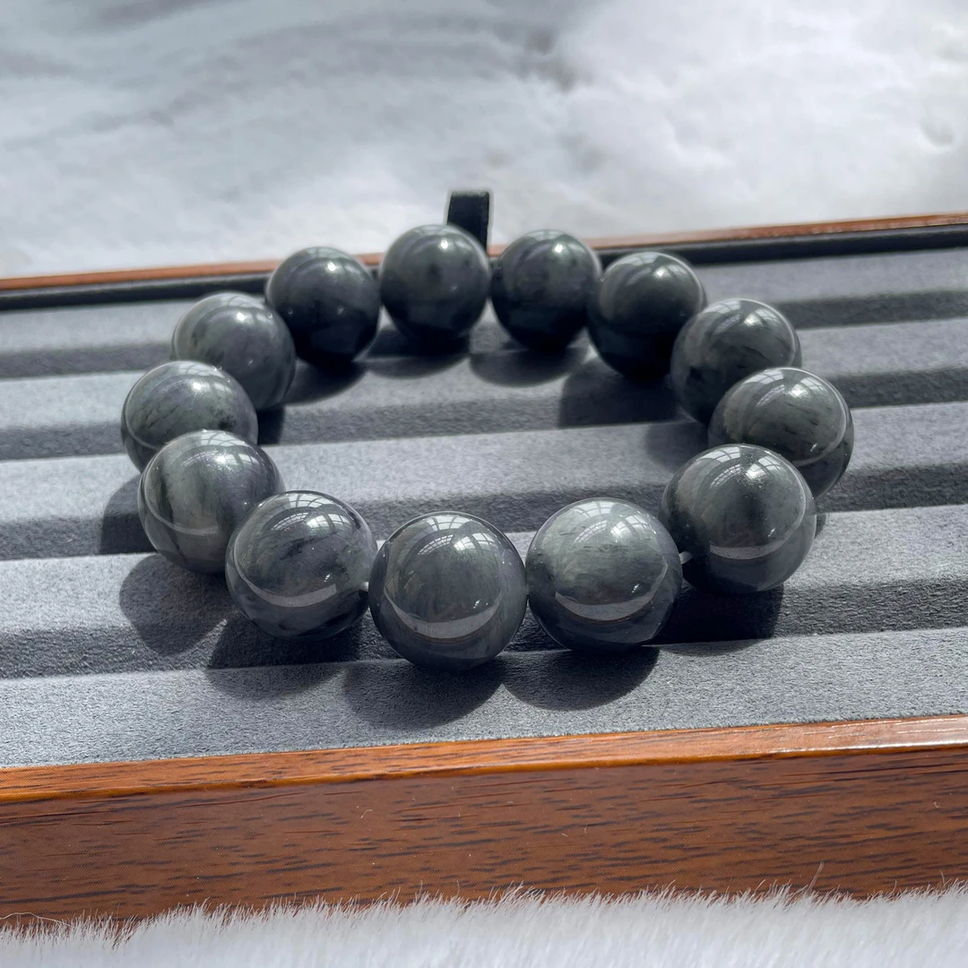 【随度】天然石英质玉青花卡18mm左右圆珠手串【多样性发一】