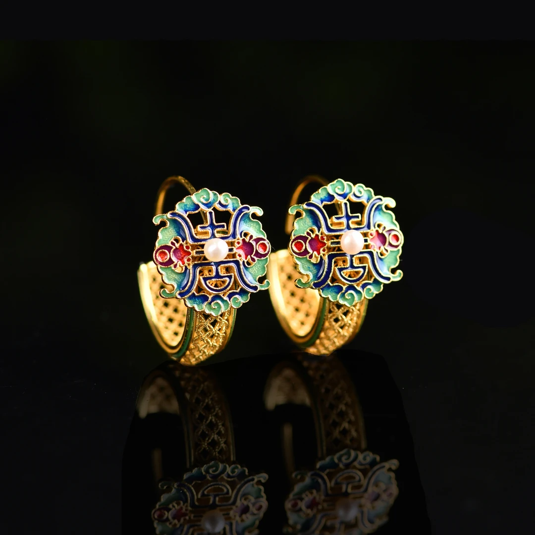 戊申堂 925银耳饰 【万寿福】故宫耳钩珍珠非遗烧蓝耳环国风珠宝